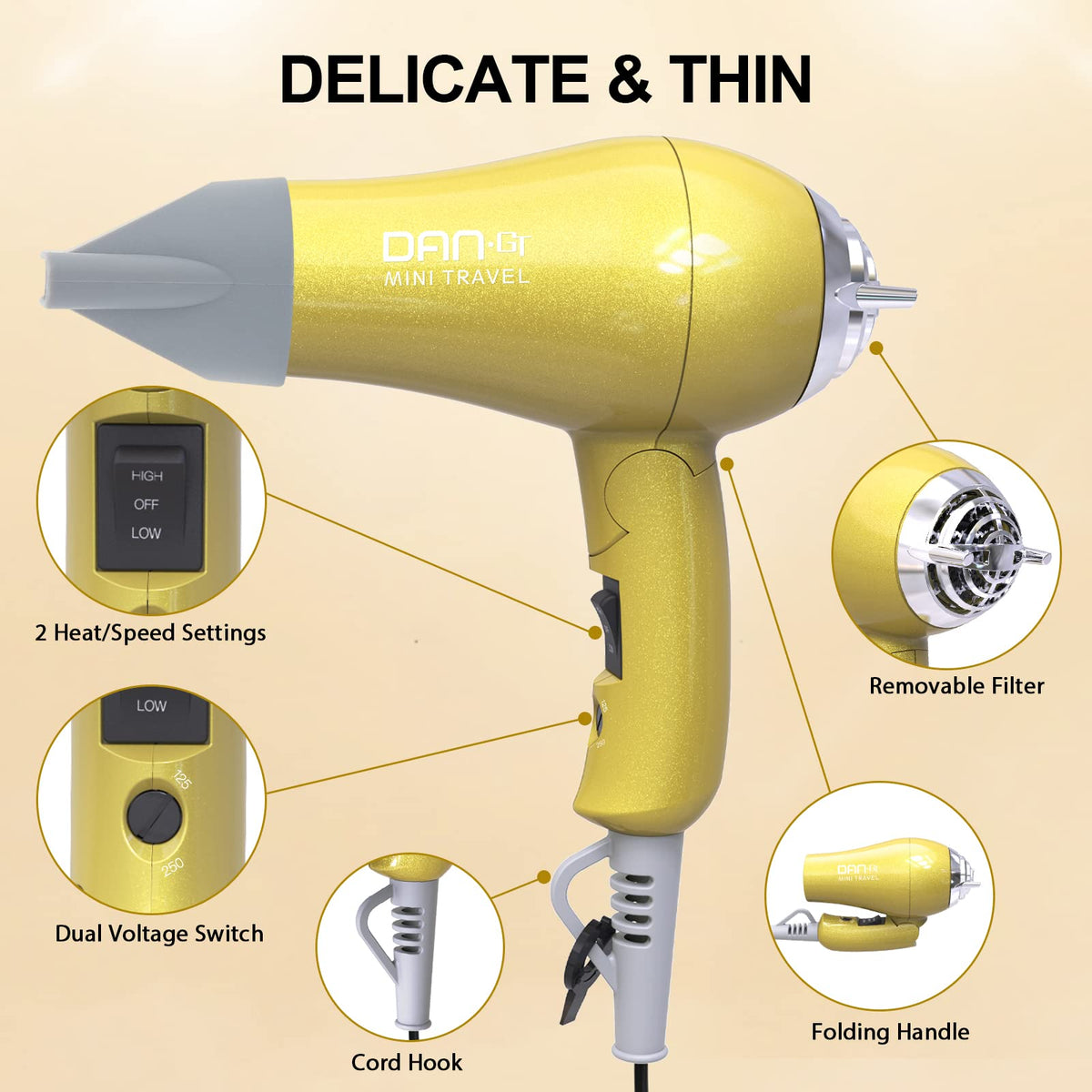 DAN Technology mini portable hair dryer removable filter for easy cleaning and maintenance.