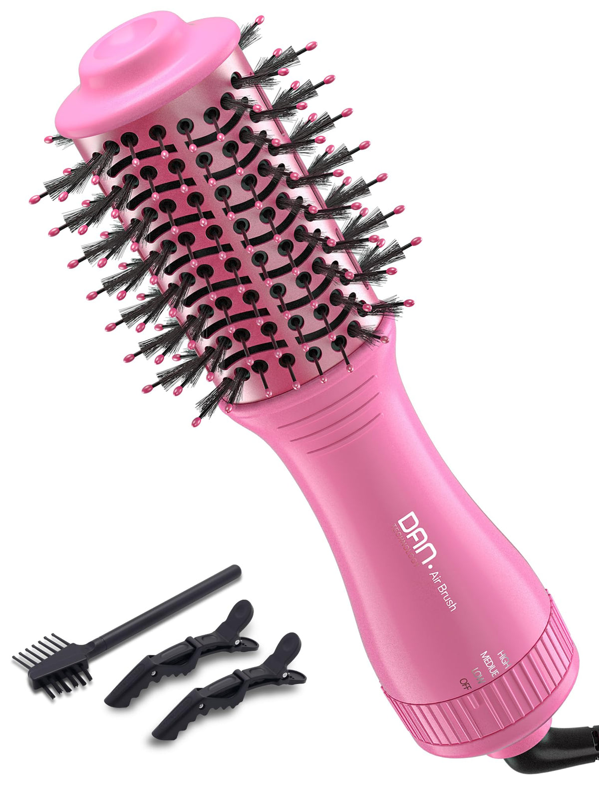 DAN Technology mini travel blow dryer brush with oval 2-inch head for quick, smoothing styling.