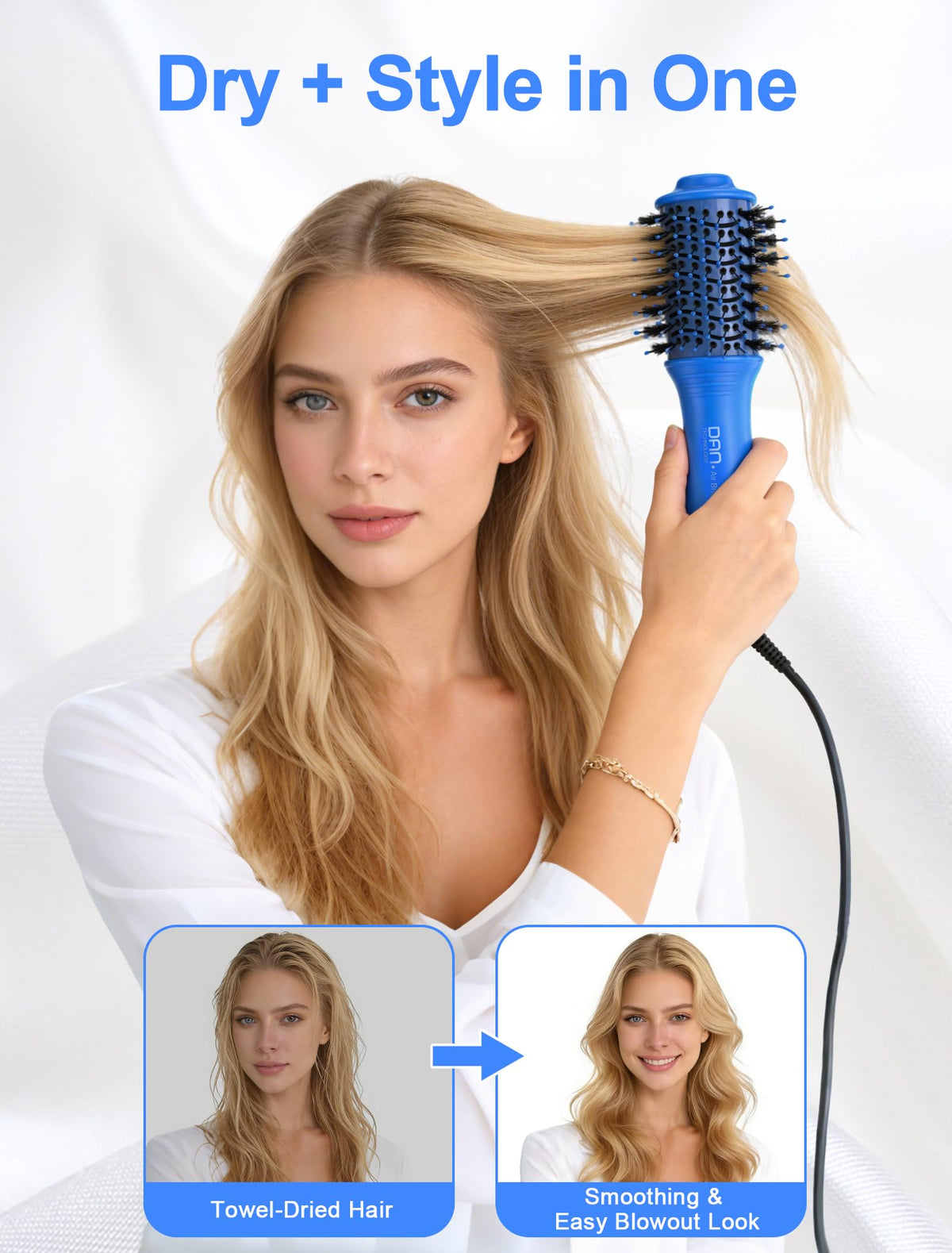 DAN Technology oval hot air brush with ceramic coating for even heat and frizz reduction.