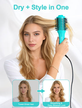 DAN Technology oval hot air brush in cyan smooths and dries hair in one step.