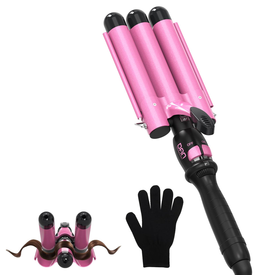 DAN Technology three-barrel curling iron with pink finish creates defined beach waves.