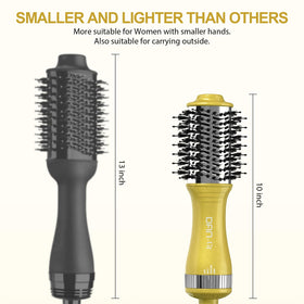 DAN Technology travel-friendly hair dryer brush fits in your bag for quick styling.