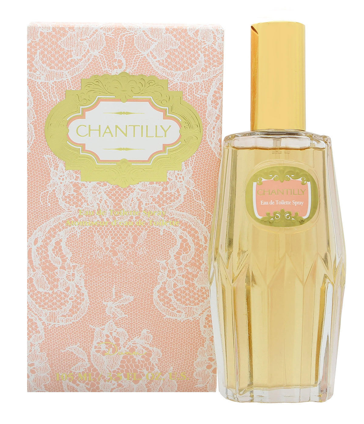 Dana Chantilly Eau de Toilette spray bottle on a vanity, long-lasting fragrance for daily wear