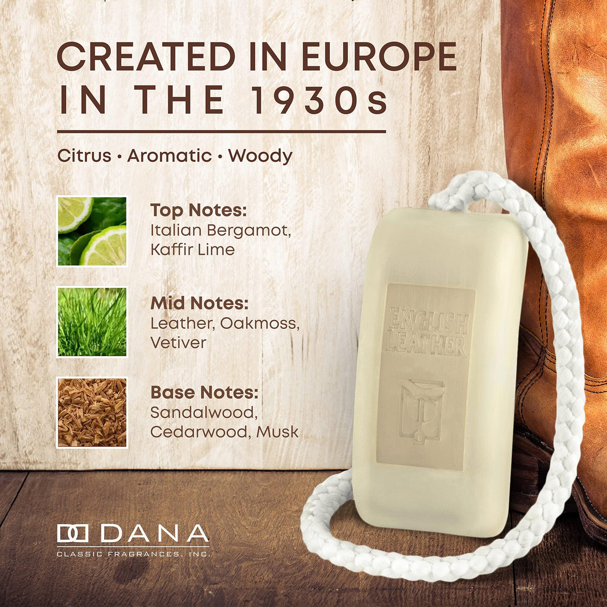 Dana English Leather soap showing textured surface for a premium feel