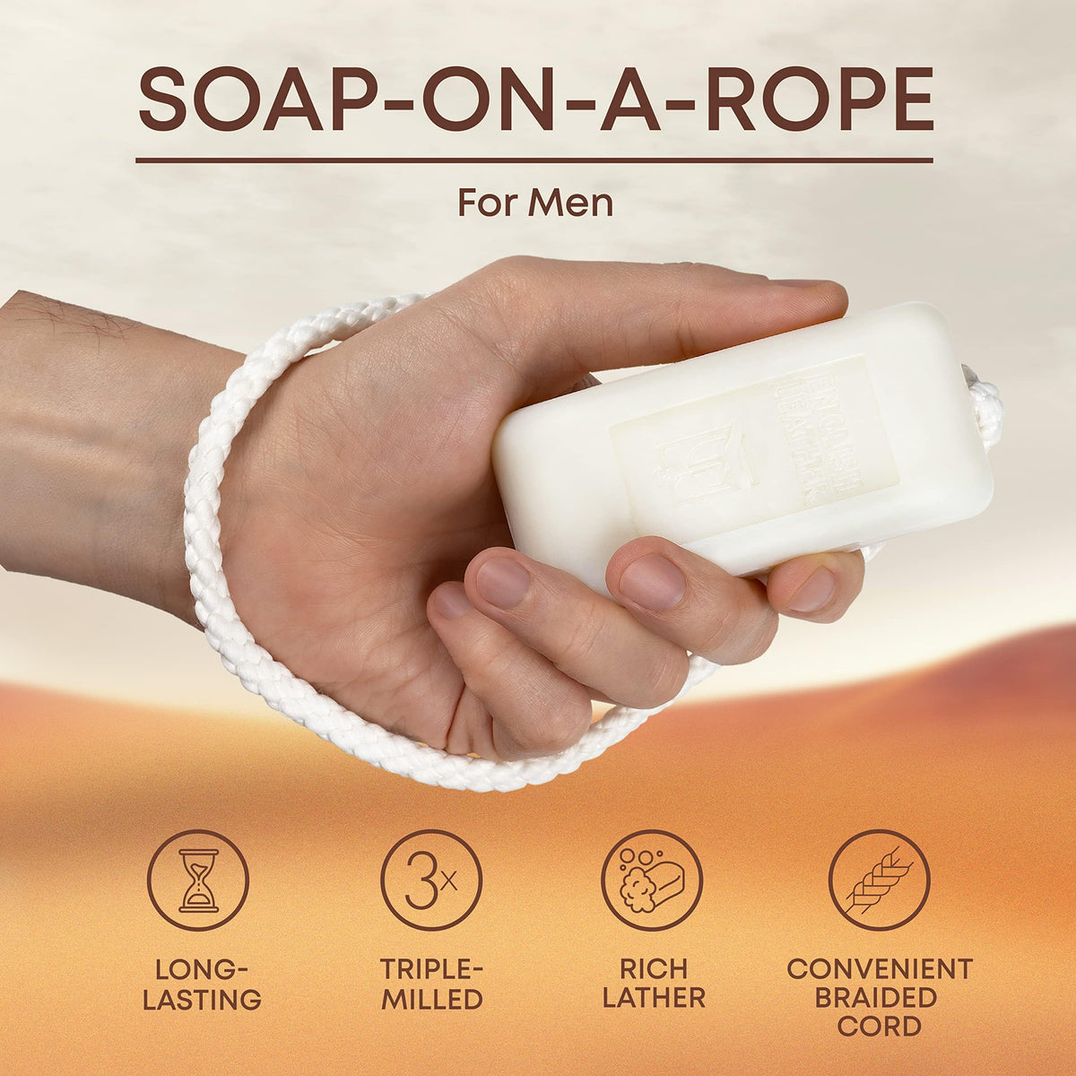 Dana English Leather soap hanging from braided cord in shower for mess-free drying