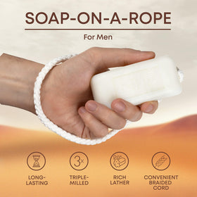 Dana English Leather soap hanging from braided cord in shower for mess-free drying