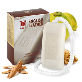 Dana English Leather soap on rope closeup, emphasizing long-lasting fragrance in the shower