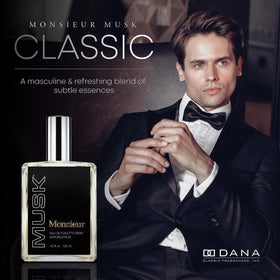 Dana Monsieur Musk spray bottle delivering a bold, masculine aroma