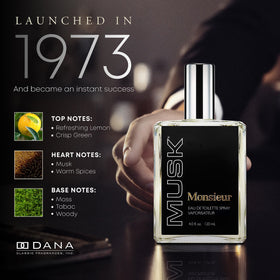Top notes of lemon and green zest open Dana Monsieur Musk