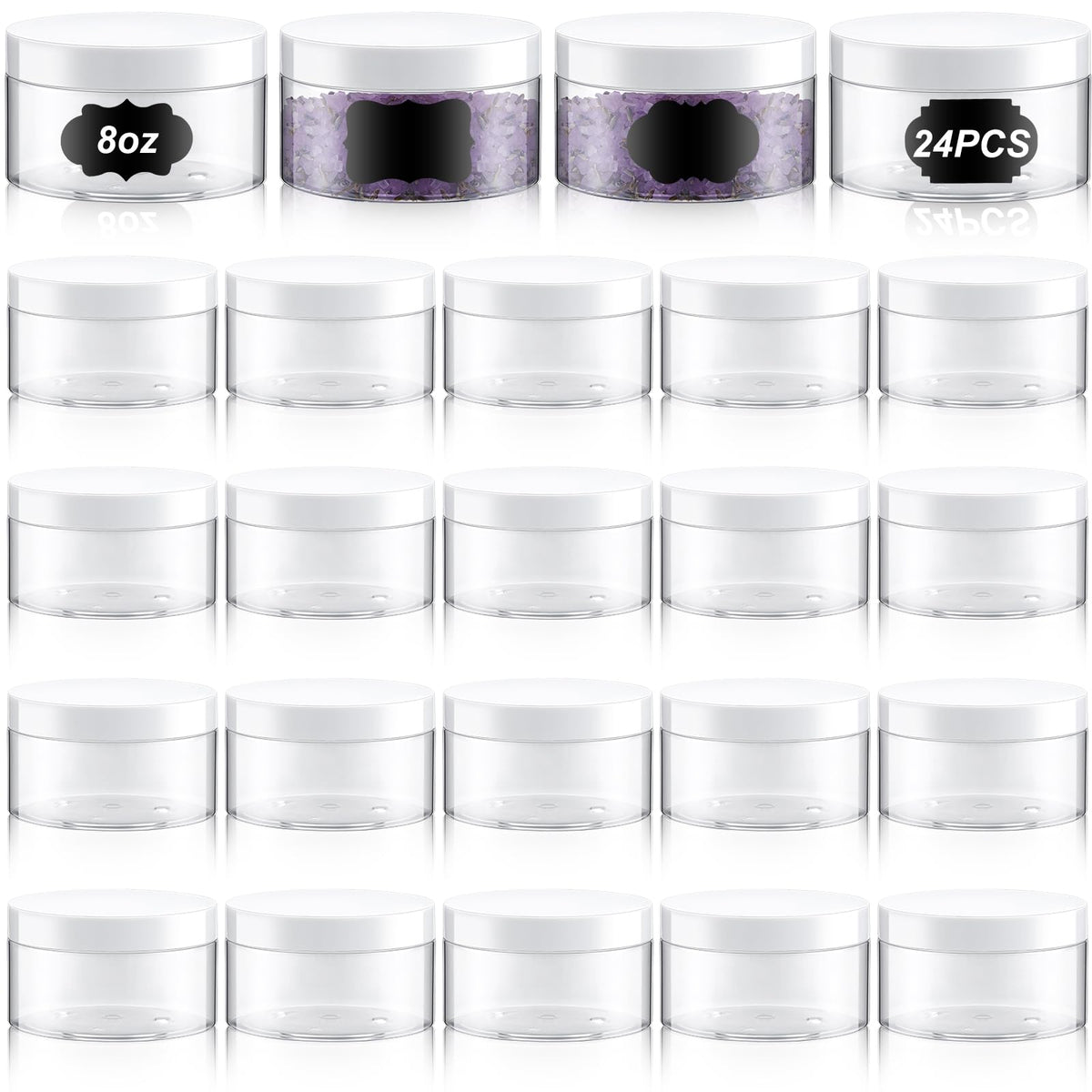 Dandat 8 oz round jar with lid in clear PET for quick content checks.