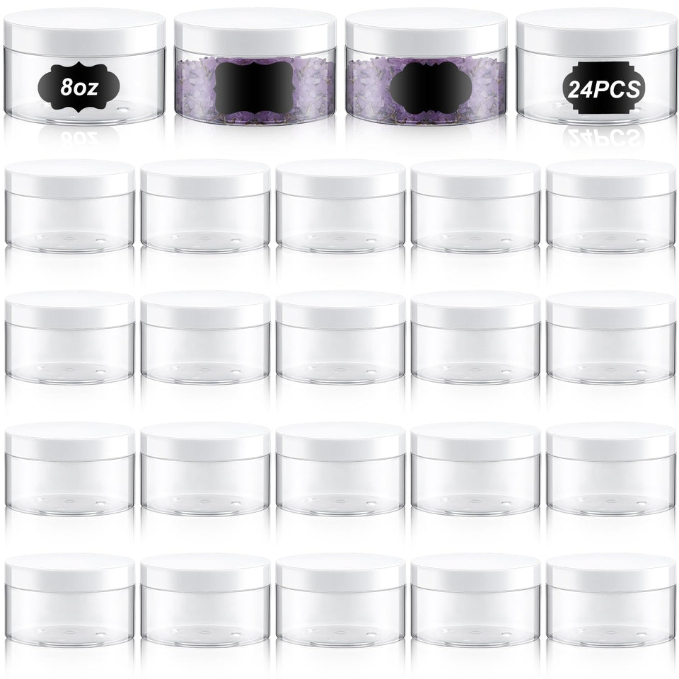 Dandat 8 oz round jar with lid in clear PET for quick content checks.