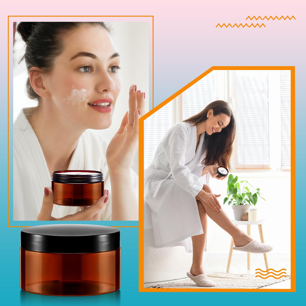 Dandat amber container helps organize body care products efficiently.