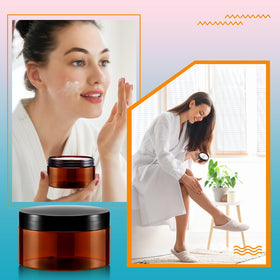 Dandat amber container helps organize body care products efficiently.
