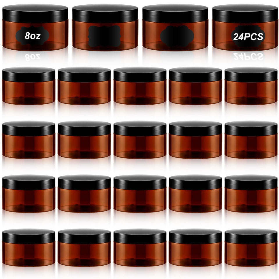 Dandat amber PET jar 8oz with lid and label for organized skincare storage.