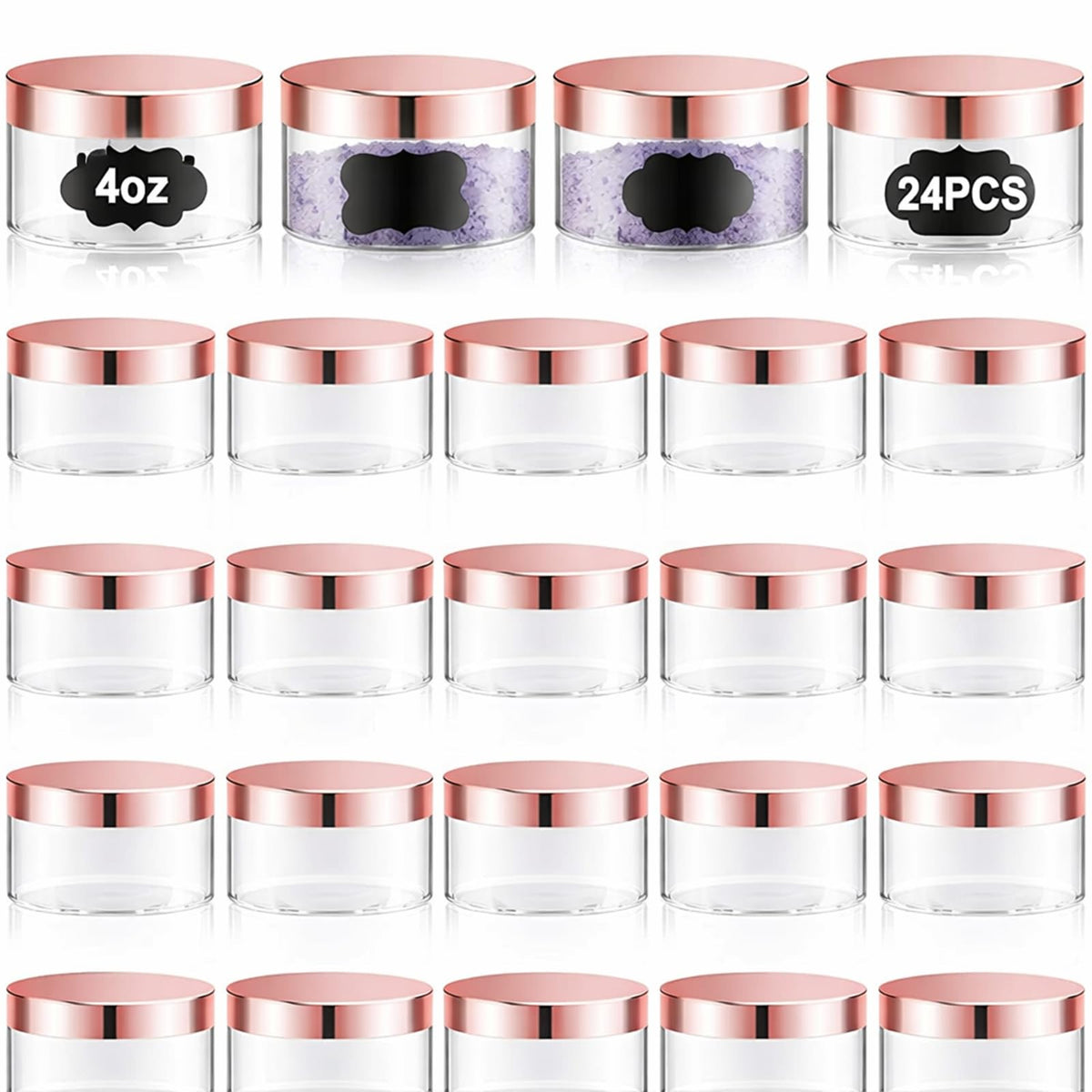 Dandat rose gold lids on clear 4oz jars for cosmetics storage