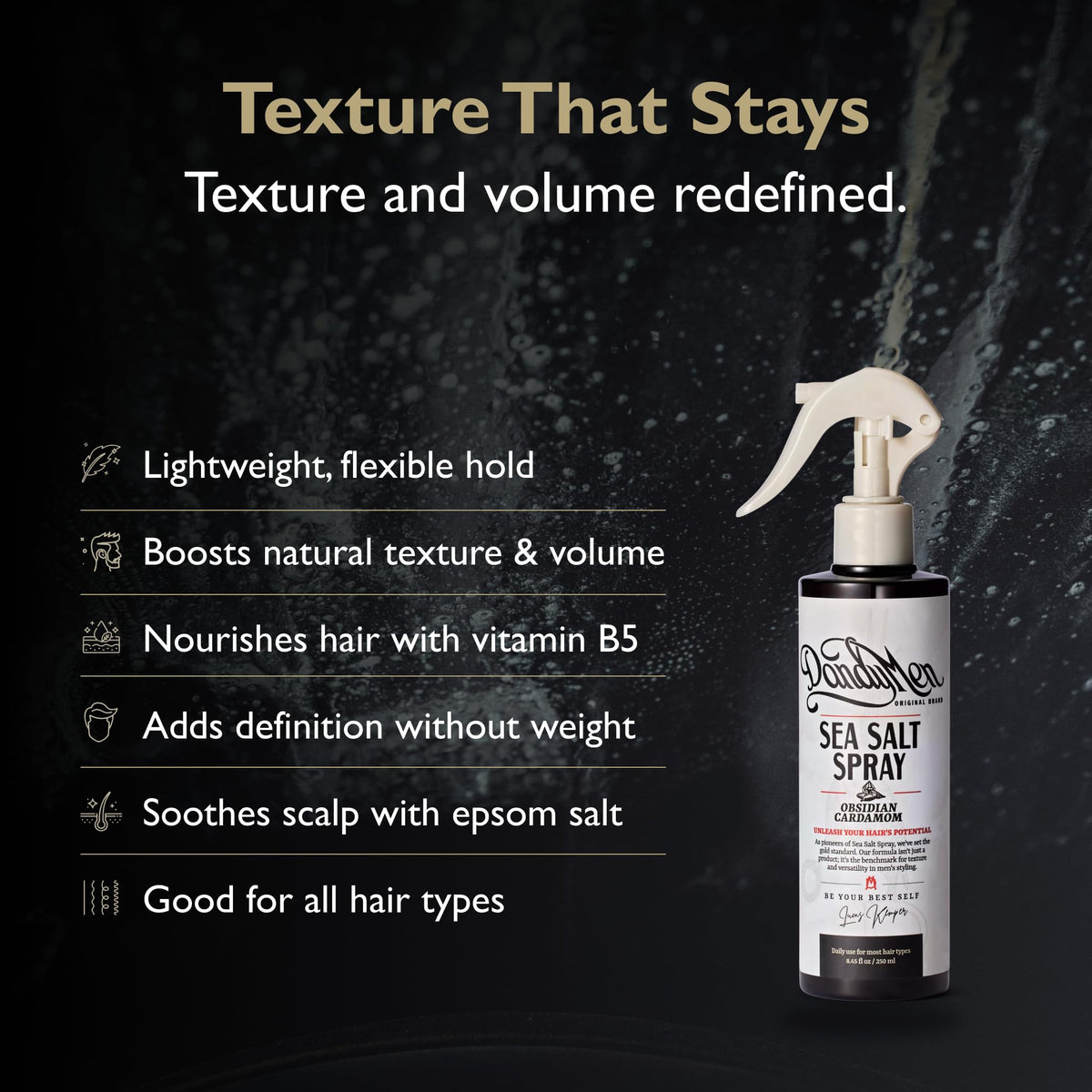 DandyMen Sea Salt Spray creates beachy waves with volume and a matte finish.