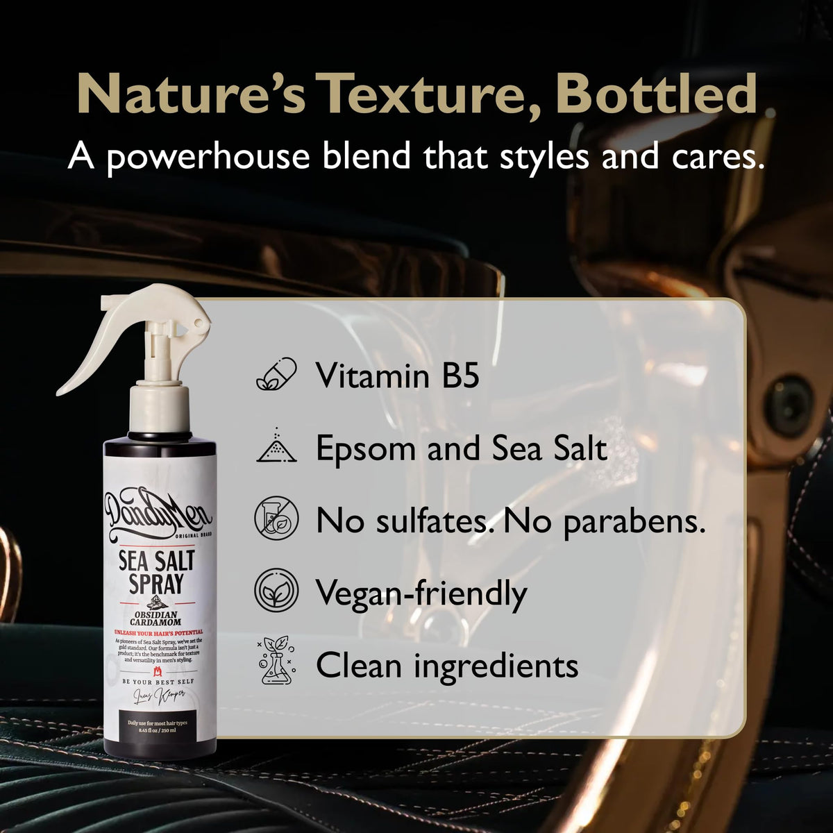 DandyMen Sea Salt Spray USA-made formula with clean ingredients.