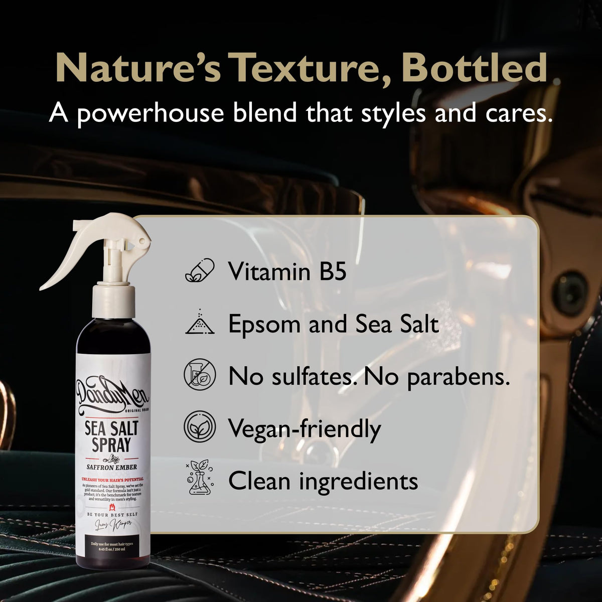 DandyMen sea salt spray on dry hair for added grit and lift