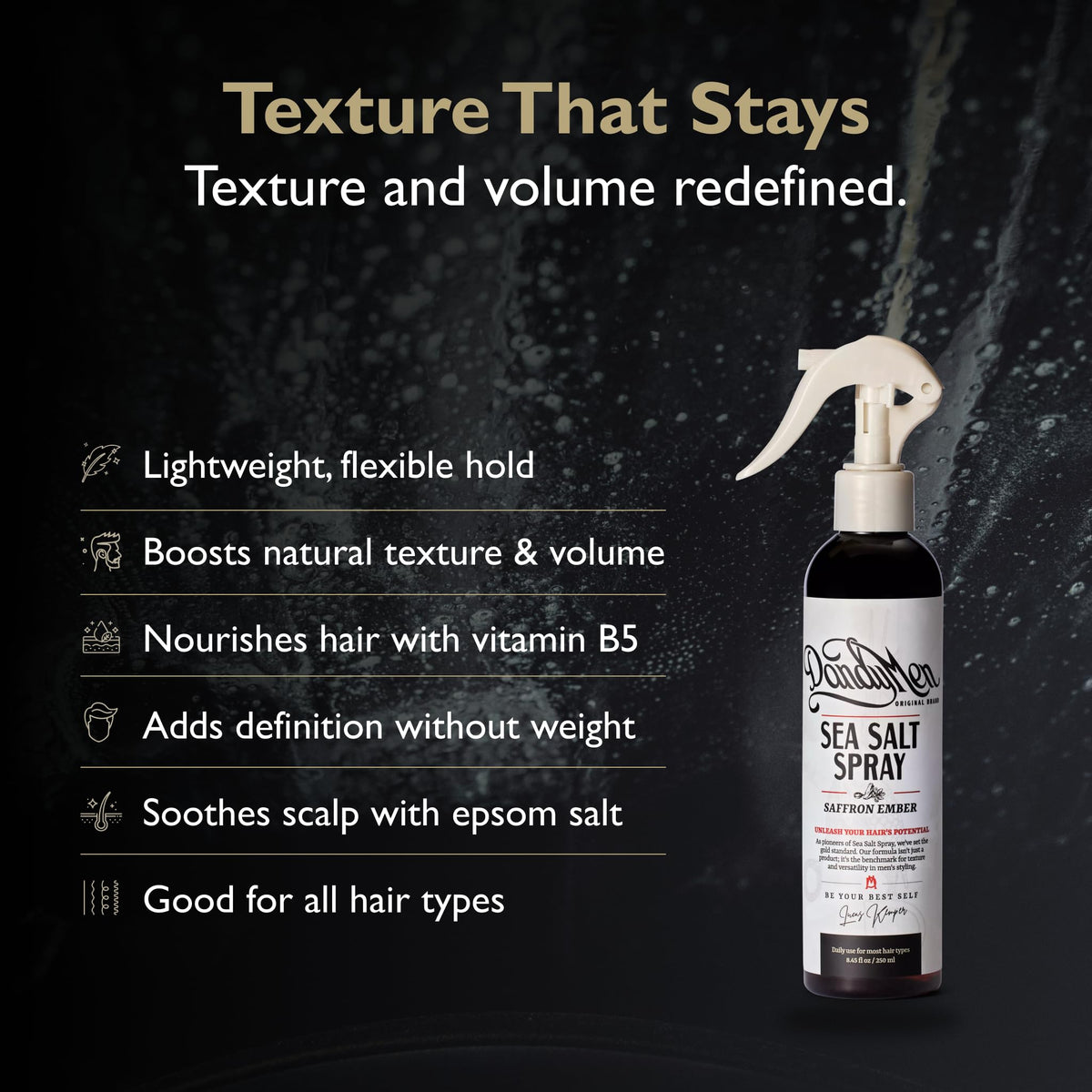 Close-up applying DandyMen sea salt spray to create texture