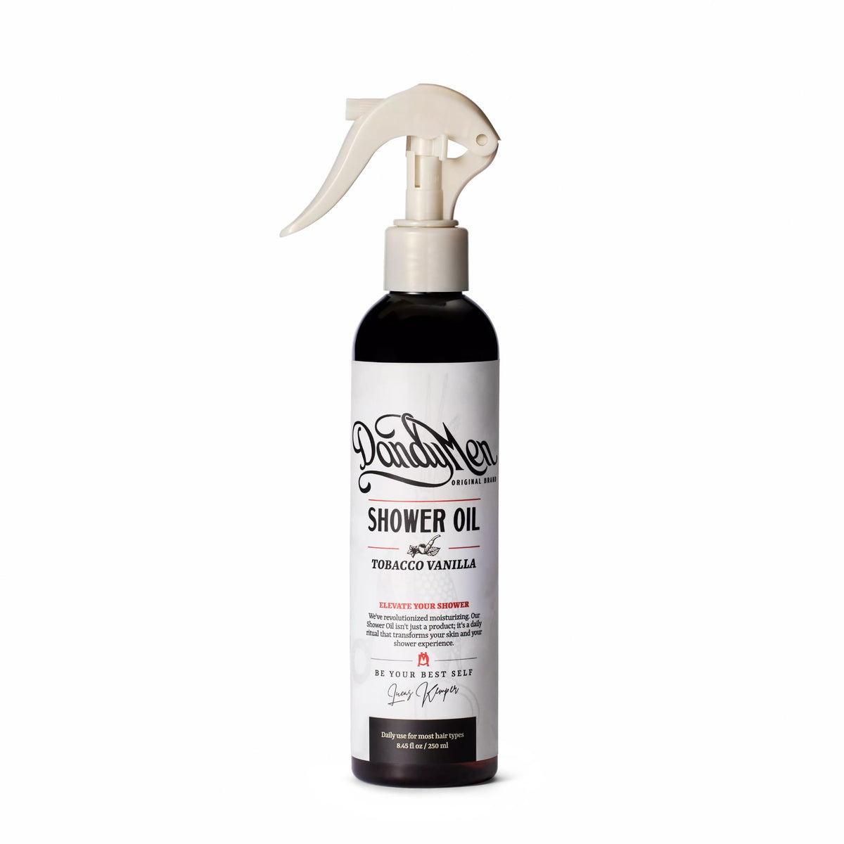 DandyMen Shower Oil bottle front view highlights hydrating formula for daily in-shower use.