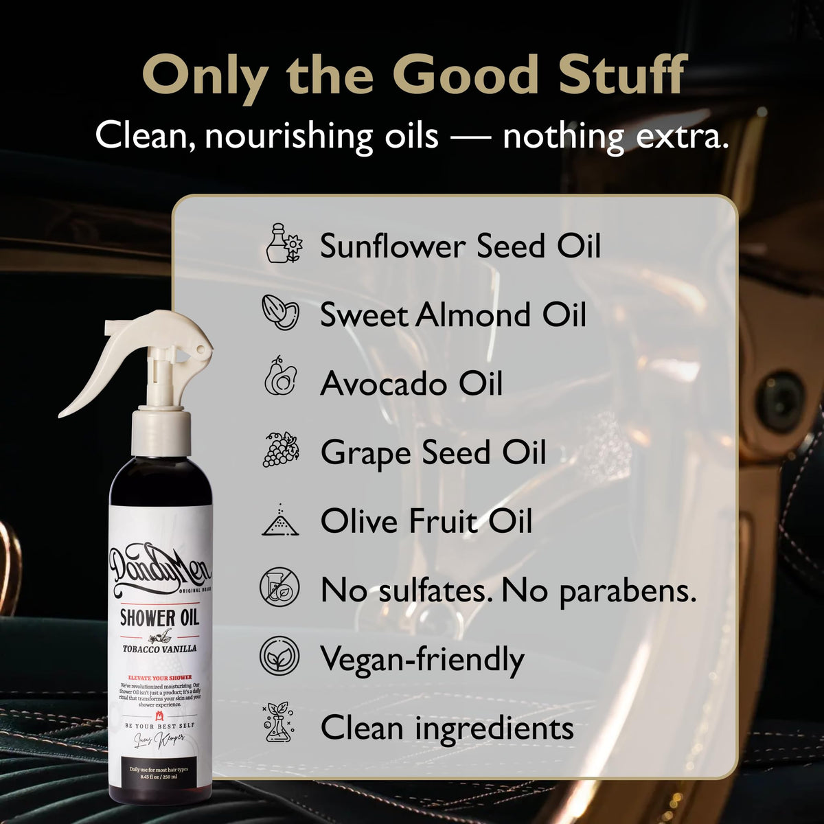 DandyMen Shower Oil bottle label closeup highlights USA-made, clean formula.