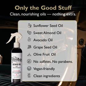 DandyMen Shower Oil bottle label closeup highlights USA-made, clean formula.