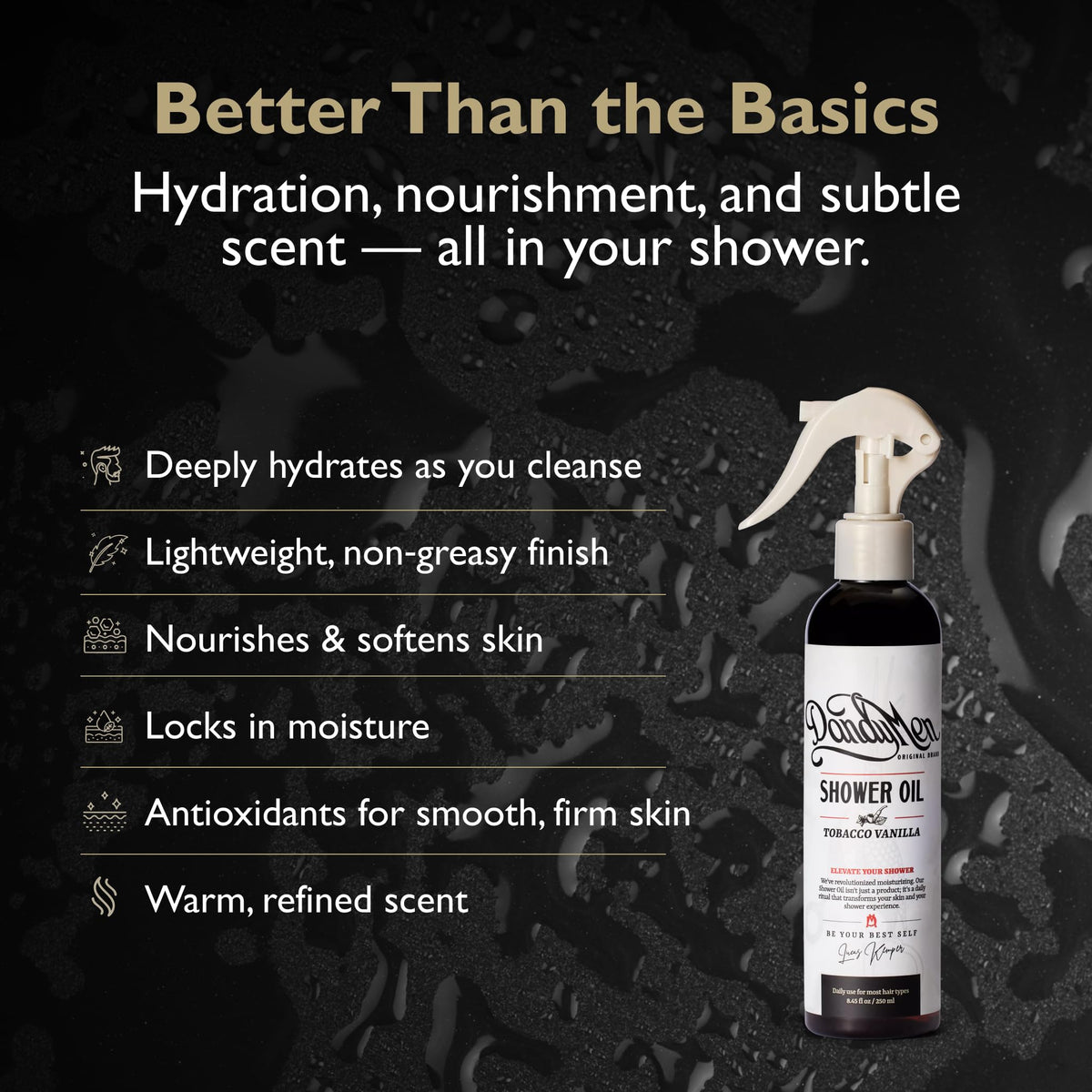 DandyMen Shower Oil pump-dispense close-up shows fast-absorbing hydration and lightweight feel.