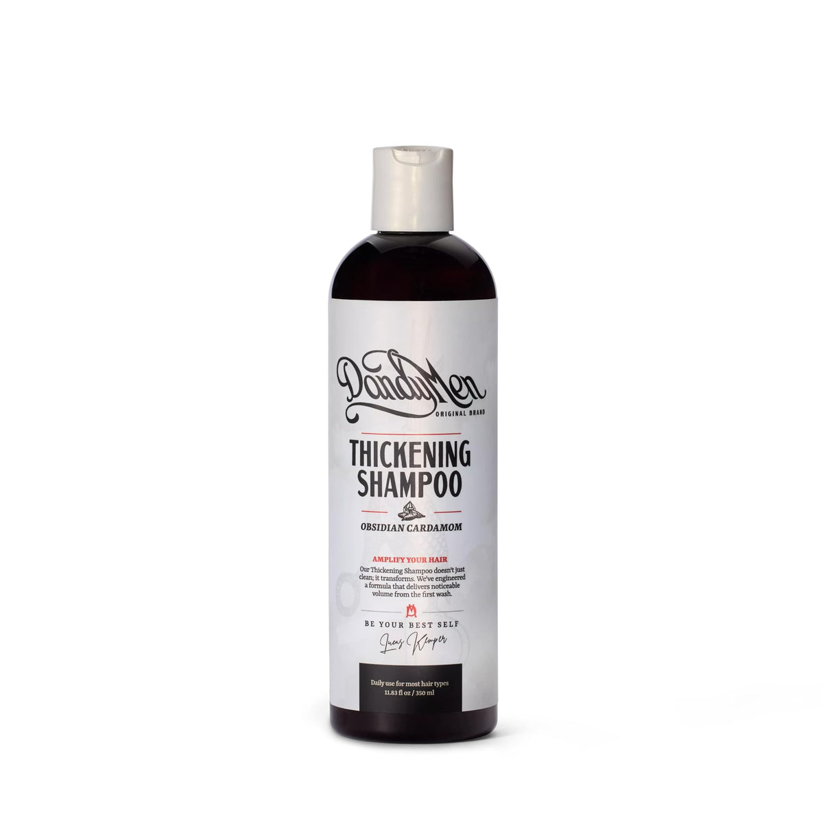 DandyMen Thickening Shampoo bottle pouring to promote root volume.