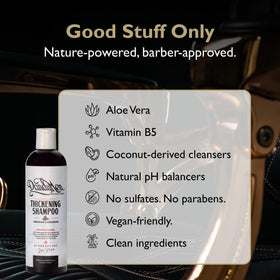 DandyMen Thickening Shampoo on hair strands, highlighting strength from Pro-Vitamin B5.