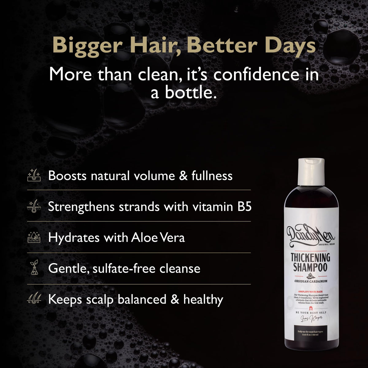 DandyMen Thickening Shampoo label shows Obsidian Cardamom scent and premium branding.