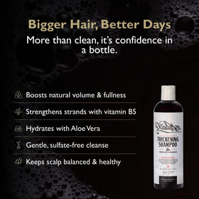 DandyMen Thickening Shampoo label shows Obsidian Cardamom scent and premium branding.