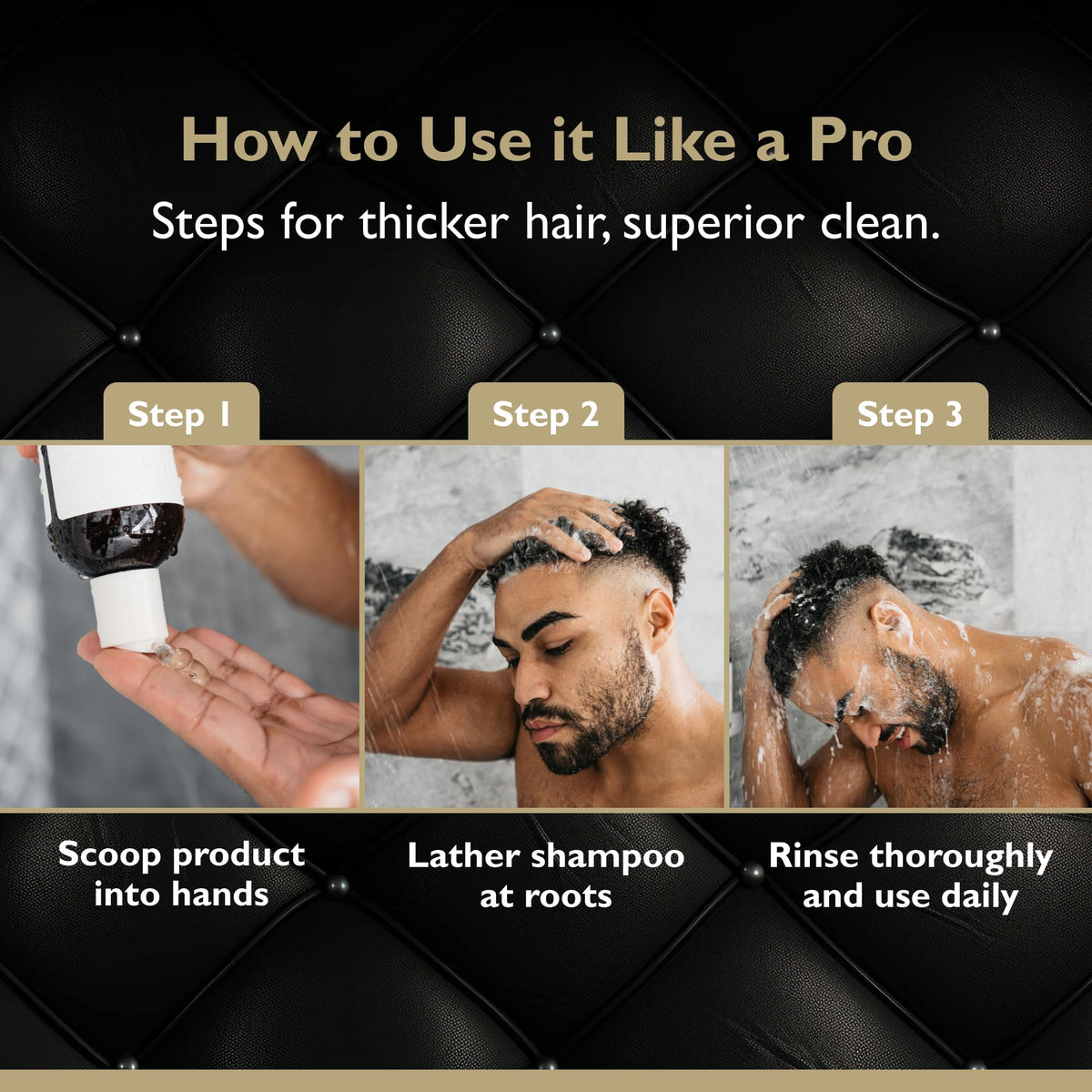Packaging image of DandyMen Thickening Shampoo, USA-made and paraben-free.