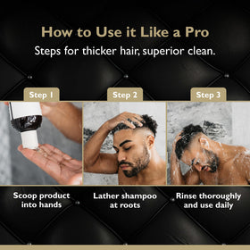 Packaging image of DandyMen Thickening Shampoo, USA-made and paraben-free.