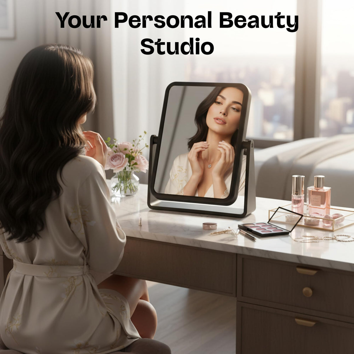 Portable tabletop mirror ideal for travel, dorms, and compact desks.