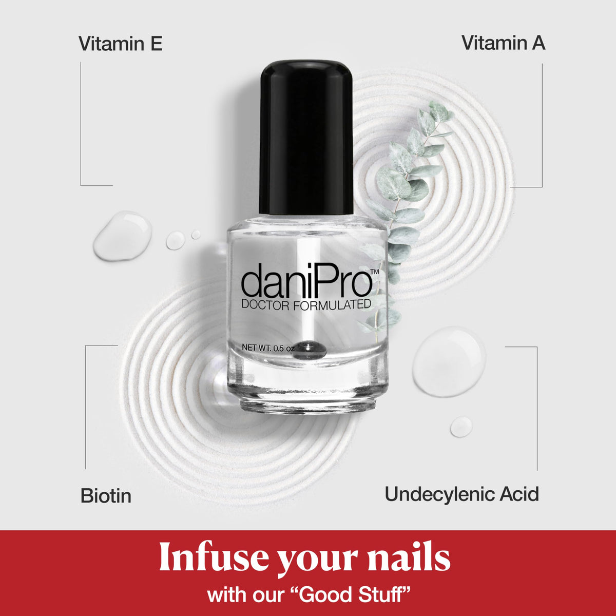 daniPro biotin vitamins A and E nourish nails under clear coat.