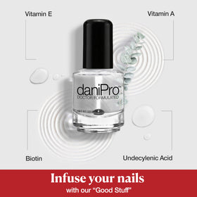 daniPro biotin vitamins A and E nourish nails under clear coat.