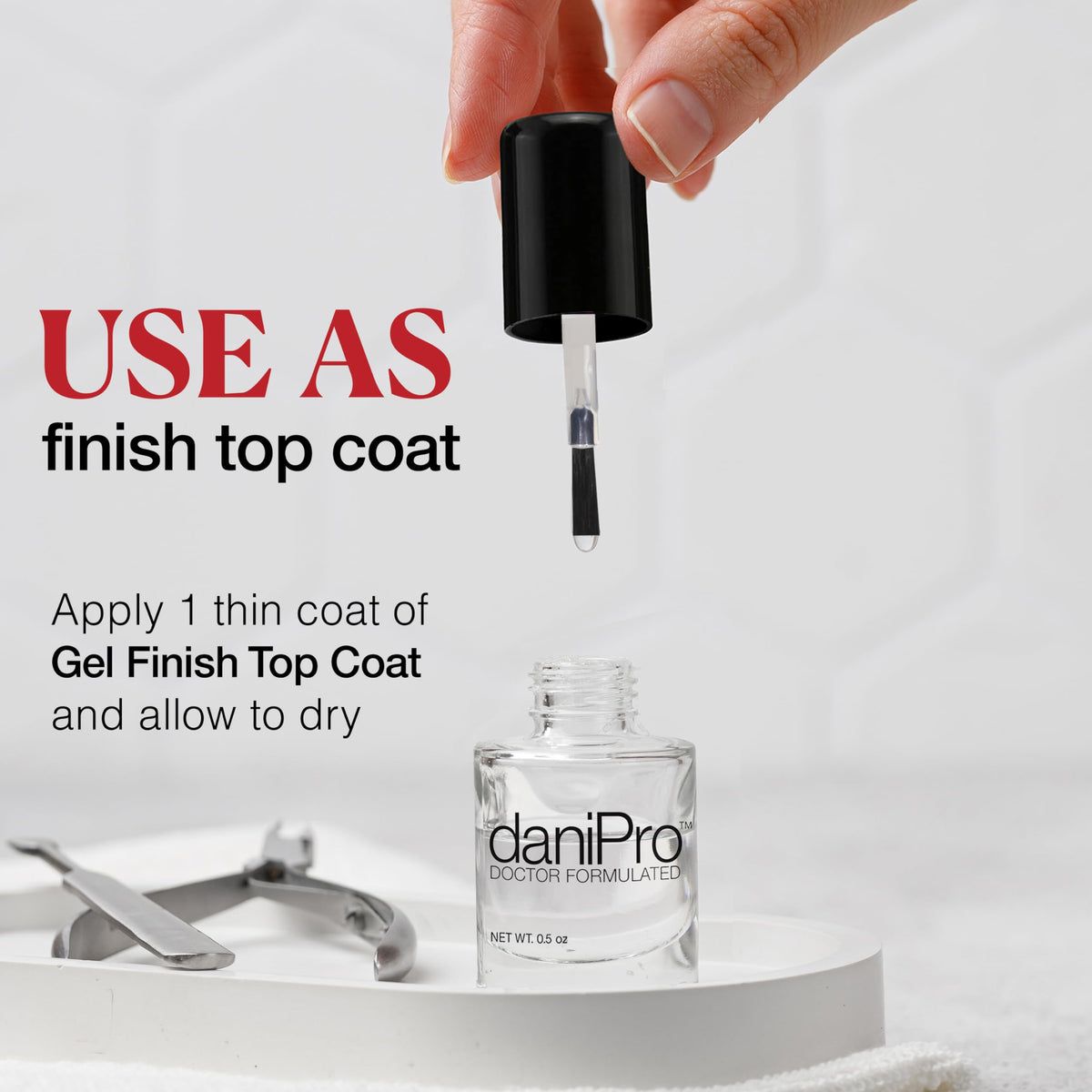 daniPro undecylenic acid supports healthy nail growth under clear coat.