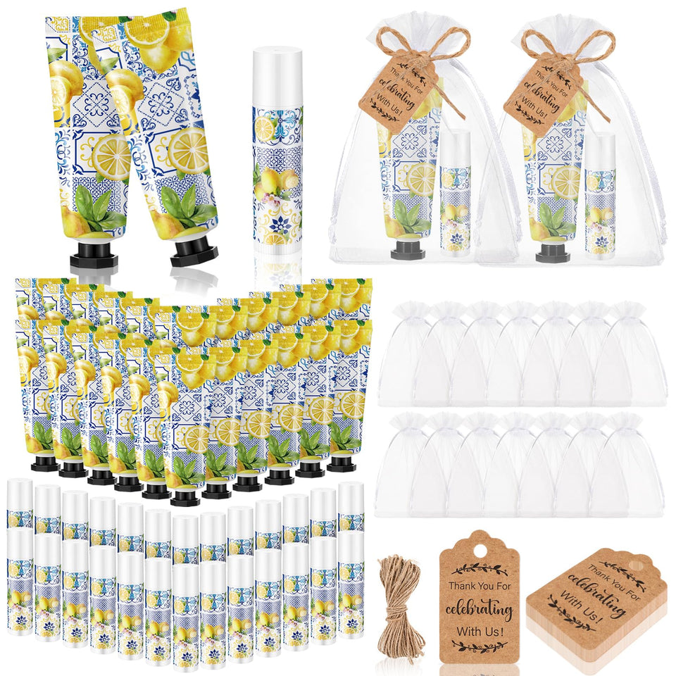 Dansib 24-piece lemon gift set with hand cream and lip balm, ideal for wedding favors.