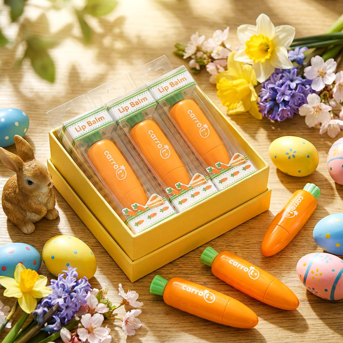 Dansib carrot lip balm set in box, ready for gifting.