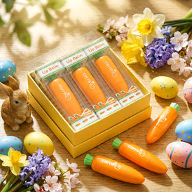 Dansib carrot lip balm set in box, ready for gifting.