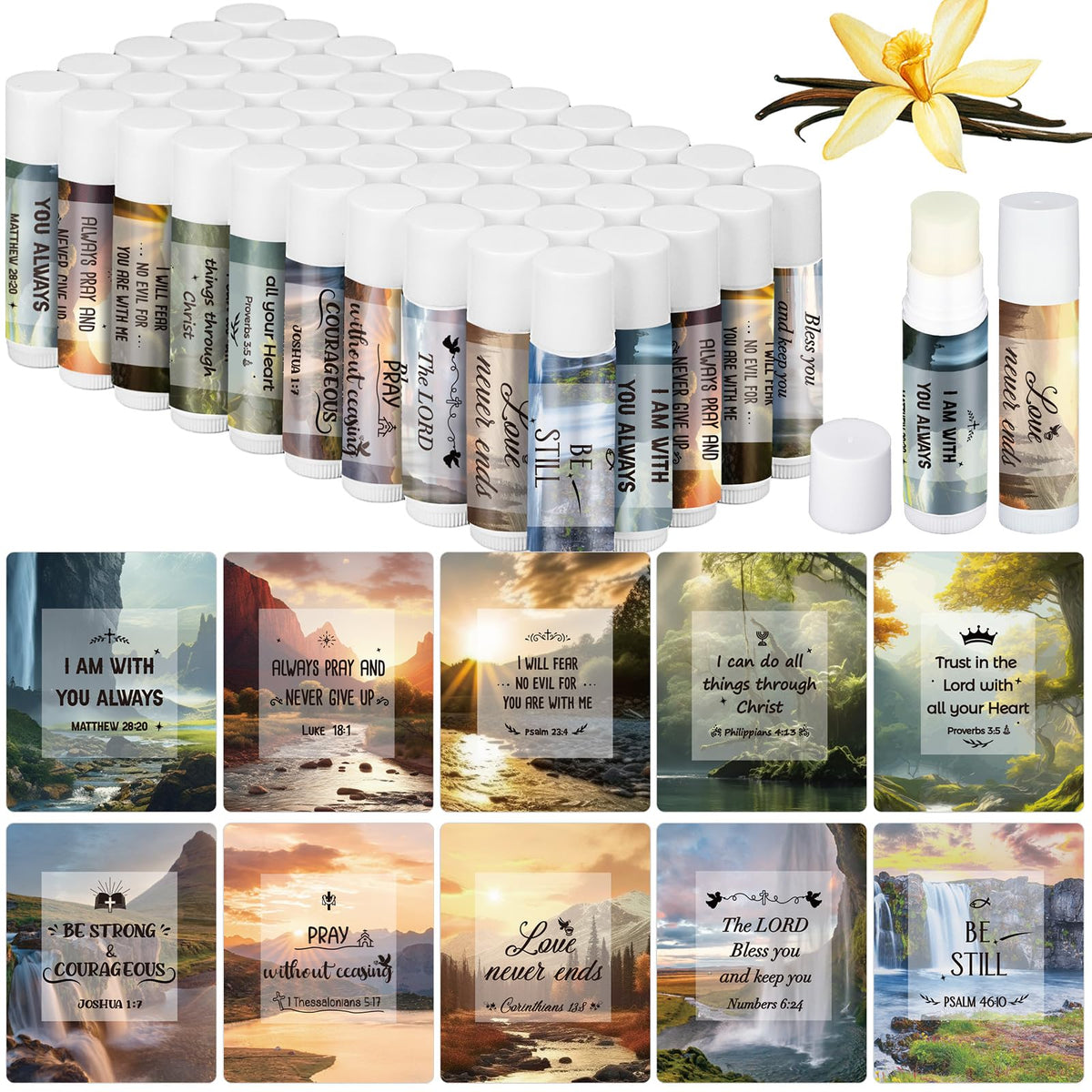 Dansib Christian lip balm vanilla 50-pack, ideal for gifting at events.