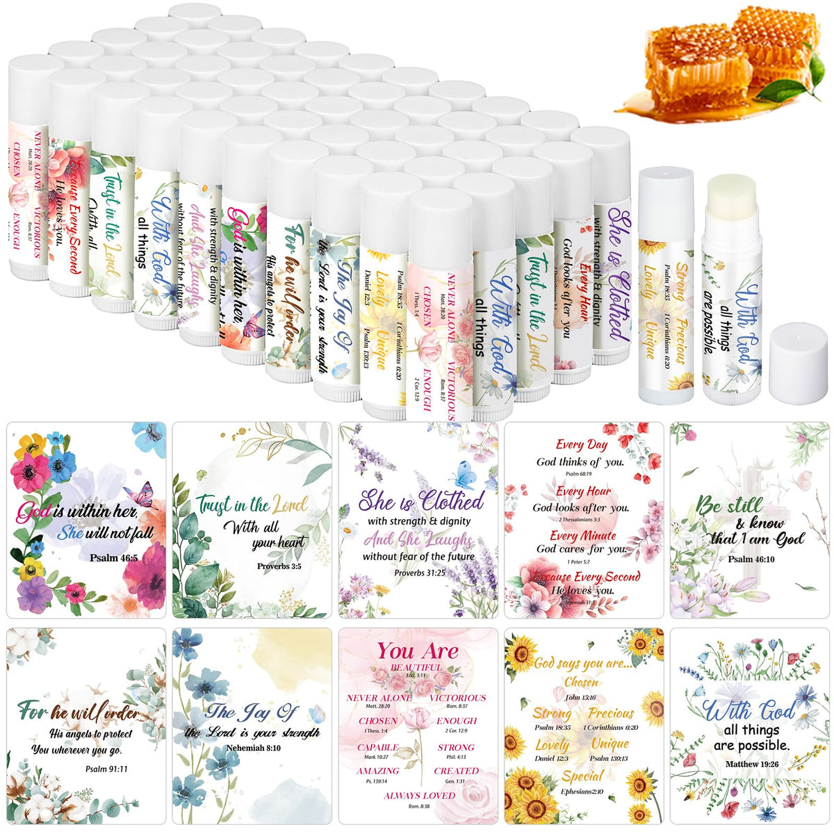 Dansib Christian lip balm bulk pack label featuring scripture for gifting.