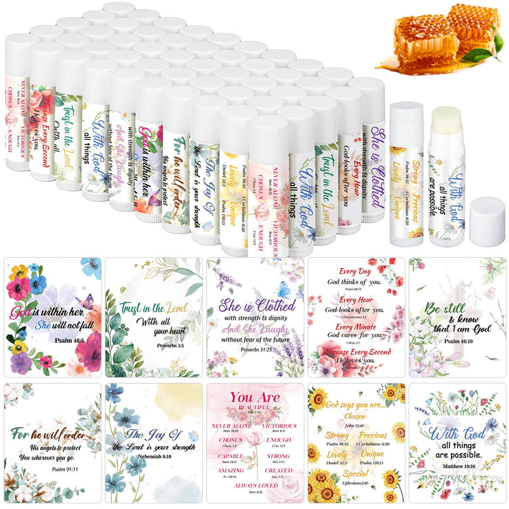 Dansib Christian lip balm bulk pack label featuring scripture for gifting.