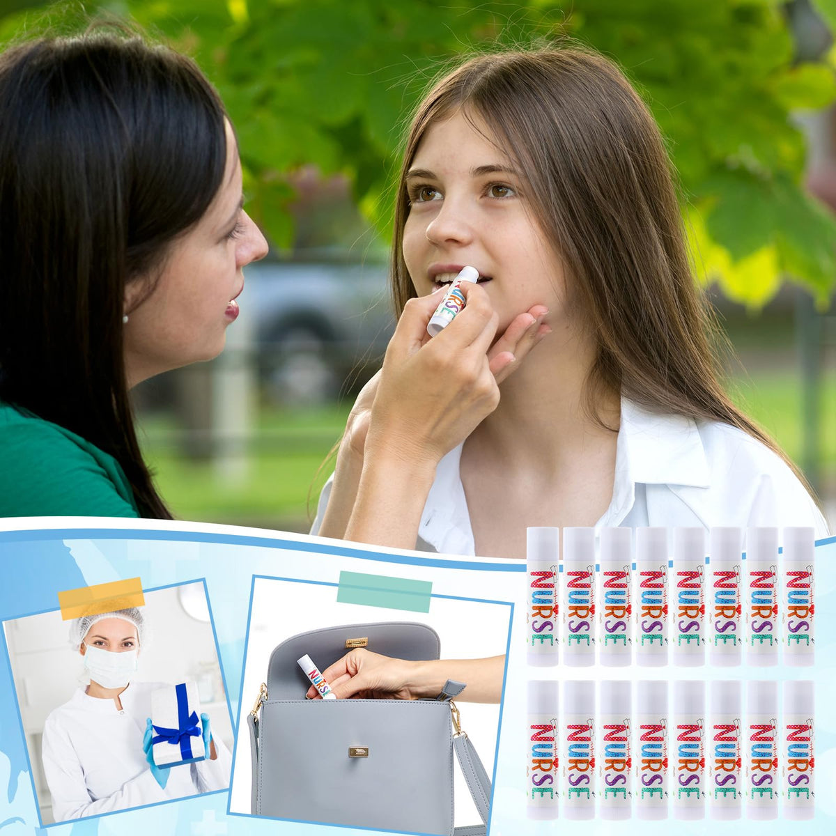 Dansib Nurse Week lip balm backcard hanging option for display.