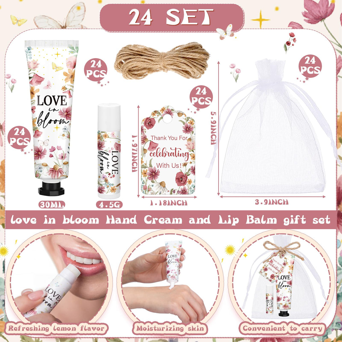 Dansib pink wildflower-pattern hand cream, elegant packaging enhances bridal party décor.