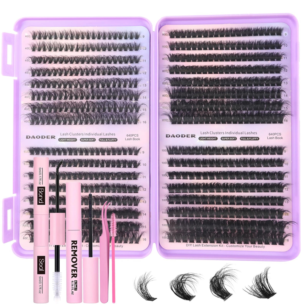 DAODER fluff lash clusters kit 640pcs for natural or dramatic at-home lashes.