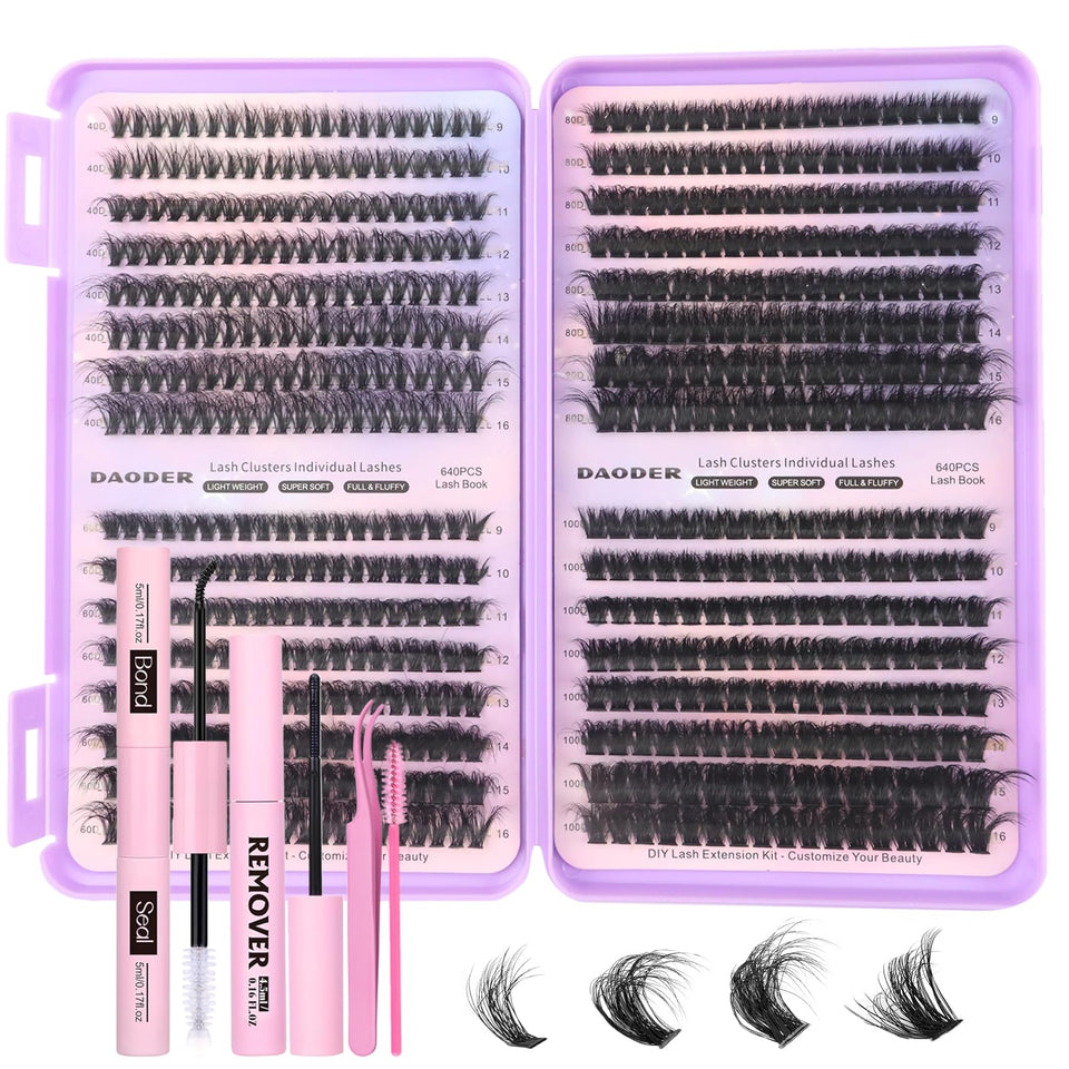 DAODER fluff lash clusters kit 640pcs for natural or dramatic at-home lashes.