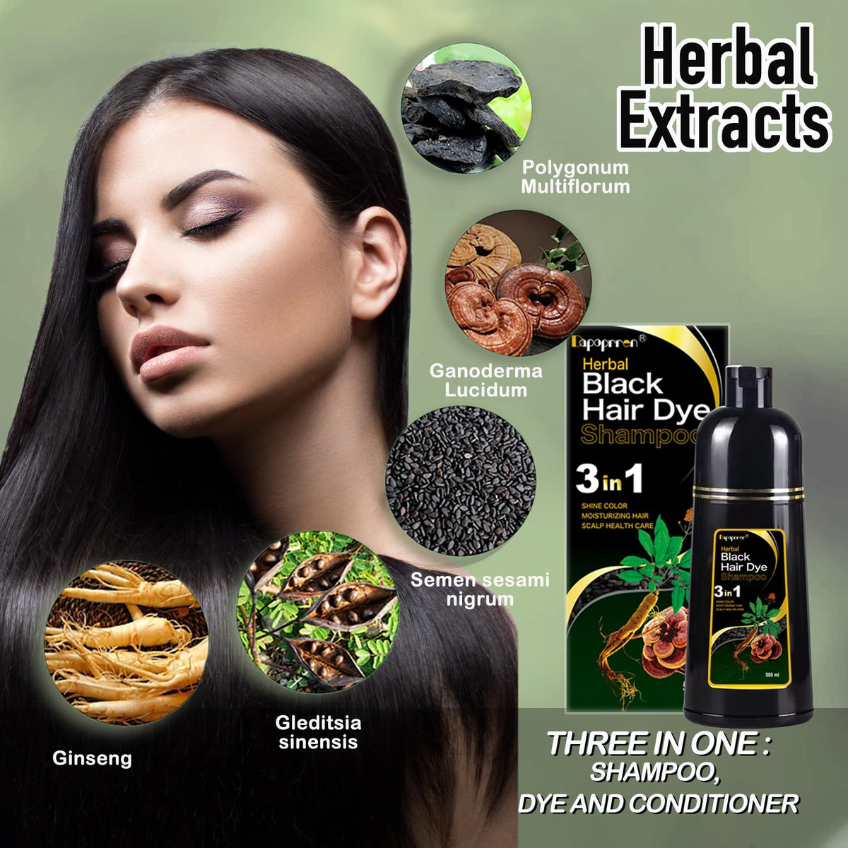 Dapoprren shampoo packaging highlights 3 in 1 formula for time saving coverage.