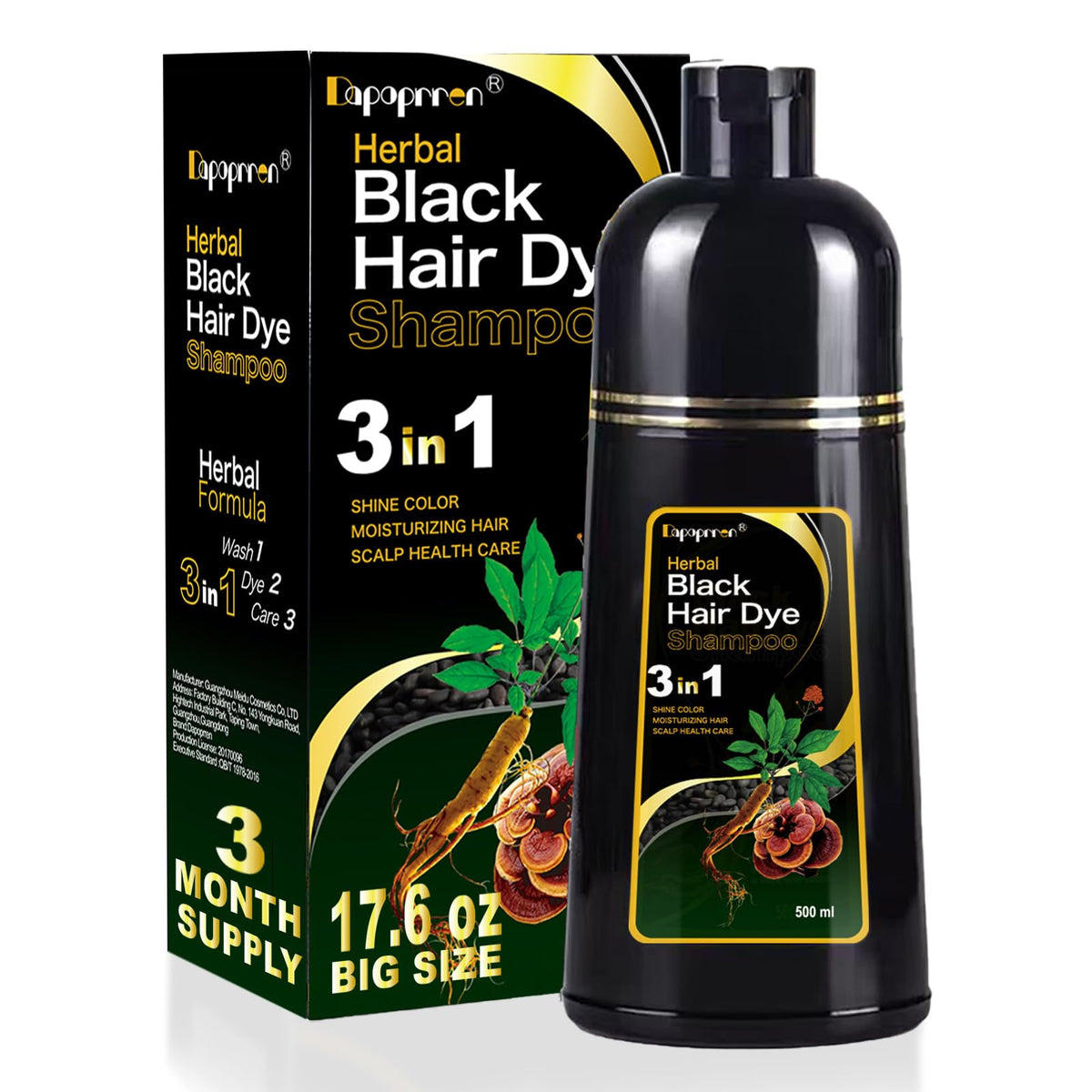 Dapoprren Black Hair Dye Shampoo bottle front showing gray hair coverage potential.