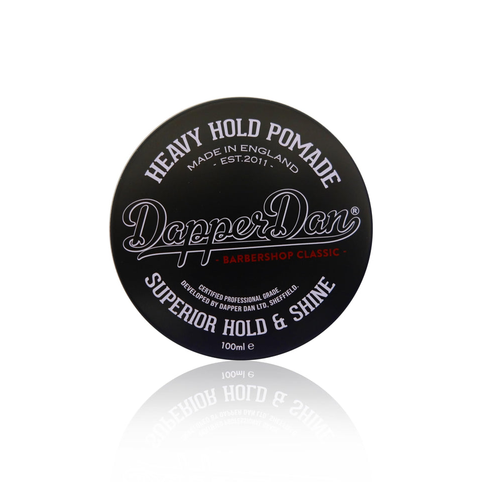 Dapper Dan Heavy Hold Pomade jar close-up showing strong hold and premium quality